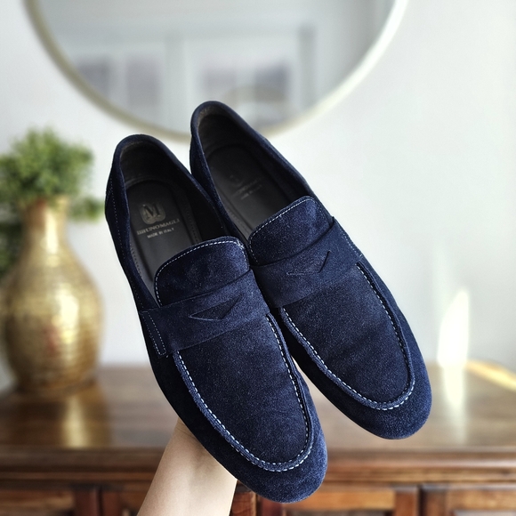 🔹 Bruno Magli Benito Flex Suede Penny Loafers Navy Blue Size 12M Made in Italy